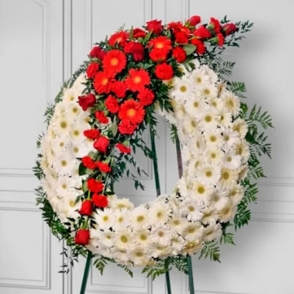 Corona fúnebre de margaritas blancas con gerberas, rosas, claveles rojos CF17